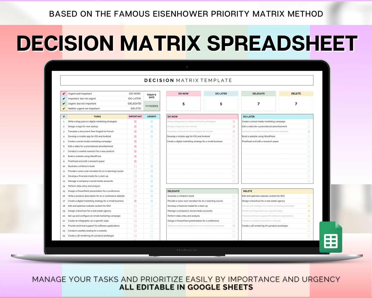 Decision Matrix Spreadsheet | Task Priority Tracker Template with Google Sheets Spreadsheet, Eisenhower Matrix, To Do List, Decision Maker & Brain Dump | Colorful