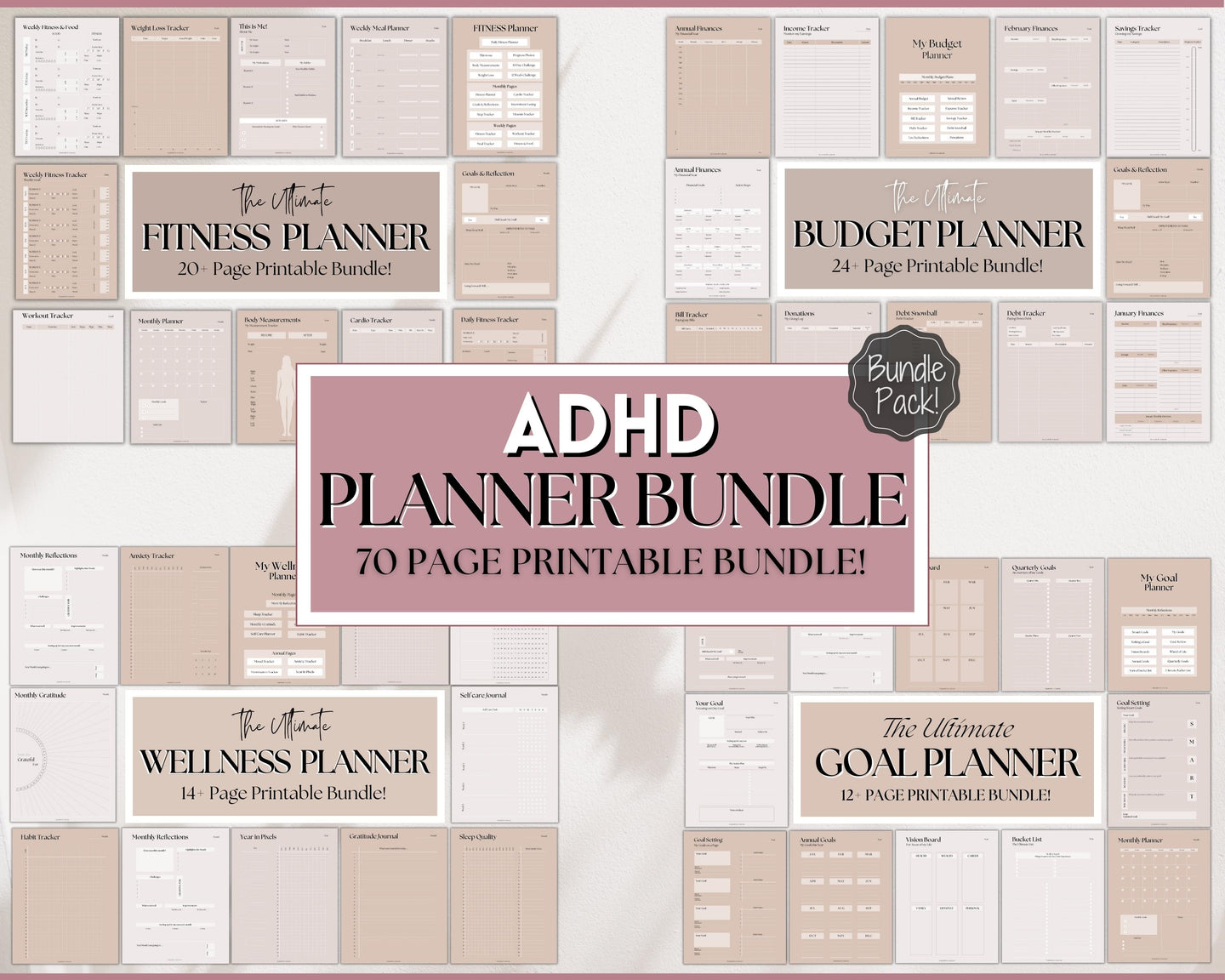 Ultimate ADHD Planner Bundle | Printable ADHD Neurodivergent Daily Life Planner, Fitness, Goal, Finances & Budget, Self Care Planner | Lux