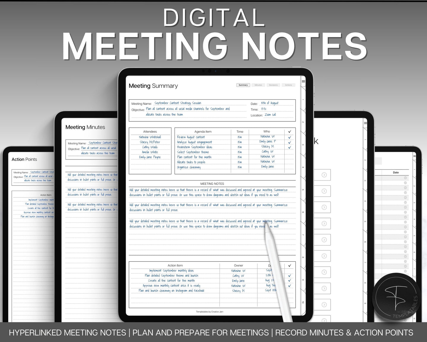 Digital Meeting Minutes Template |  Editable Meeting Notes for GoodNotes & iPad | Business Agenda & Note Taking