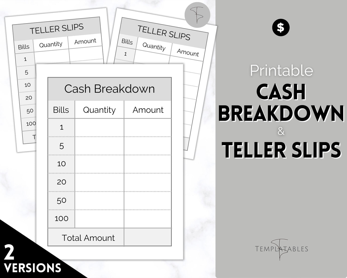 Printable Cash Breakdown Teller Slips for Withdrawals, Sinking Funds & Cash Envelopes