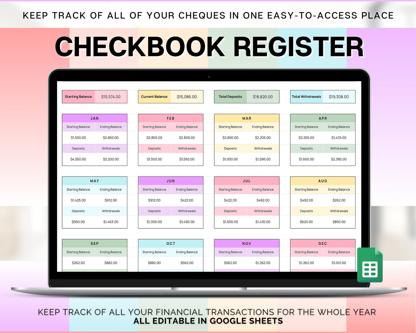 Editable Checkbook Register Spreadsheet | Google Sheets Check Register for Bill, Expenses, Credit Card, Income, Spending Tracker & Finance Template | Colorful