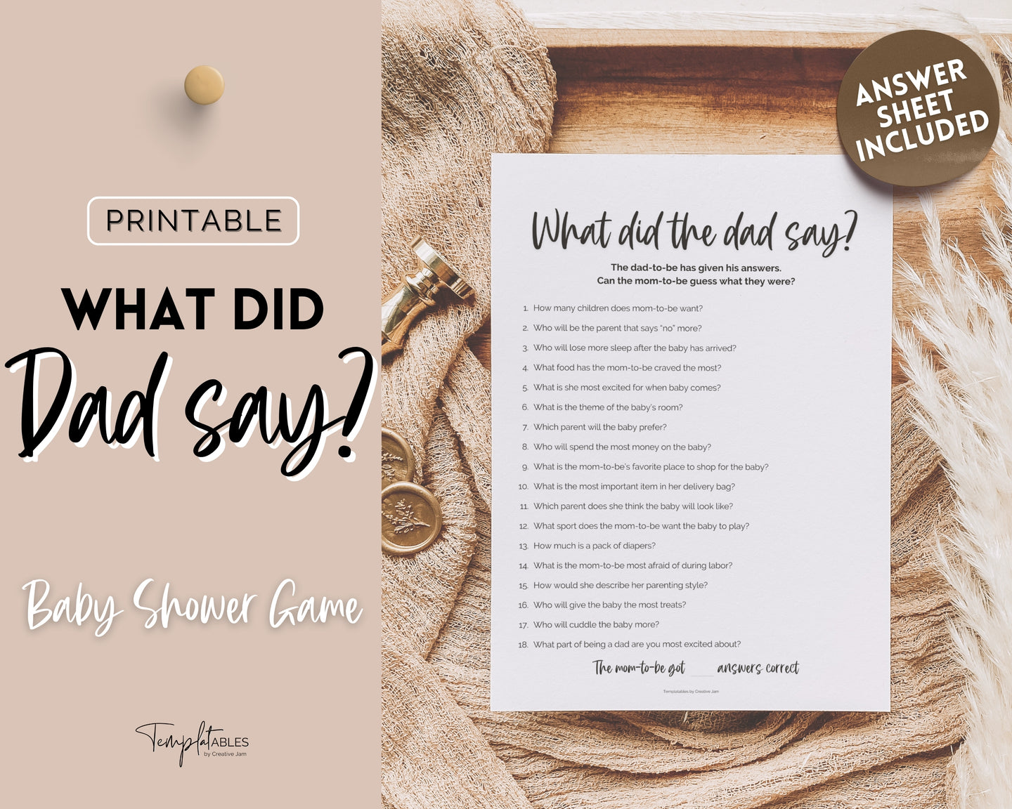 What did the Dad Say | Baby Shower Games & Printable Baby Shower Template | Gender Neutral, Minimalist | Woodland Theme for Mommy or Daddy | Boho