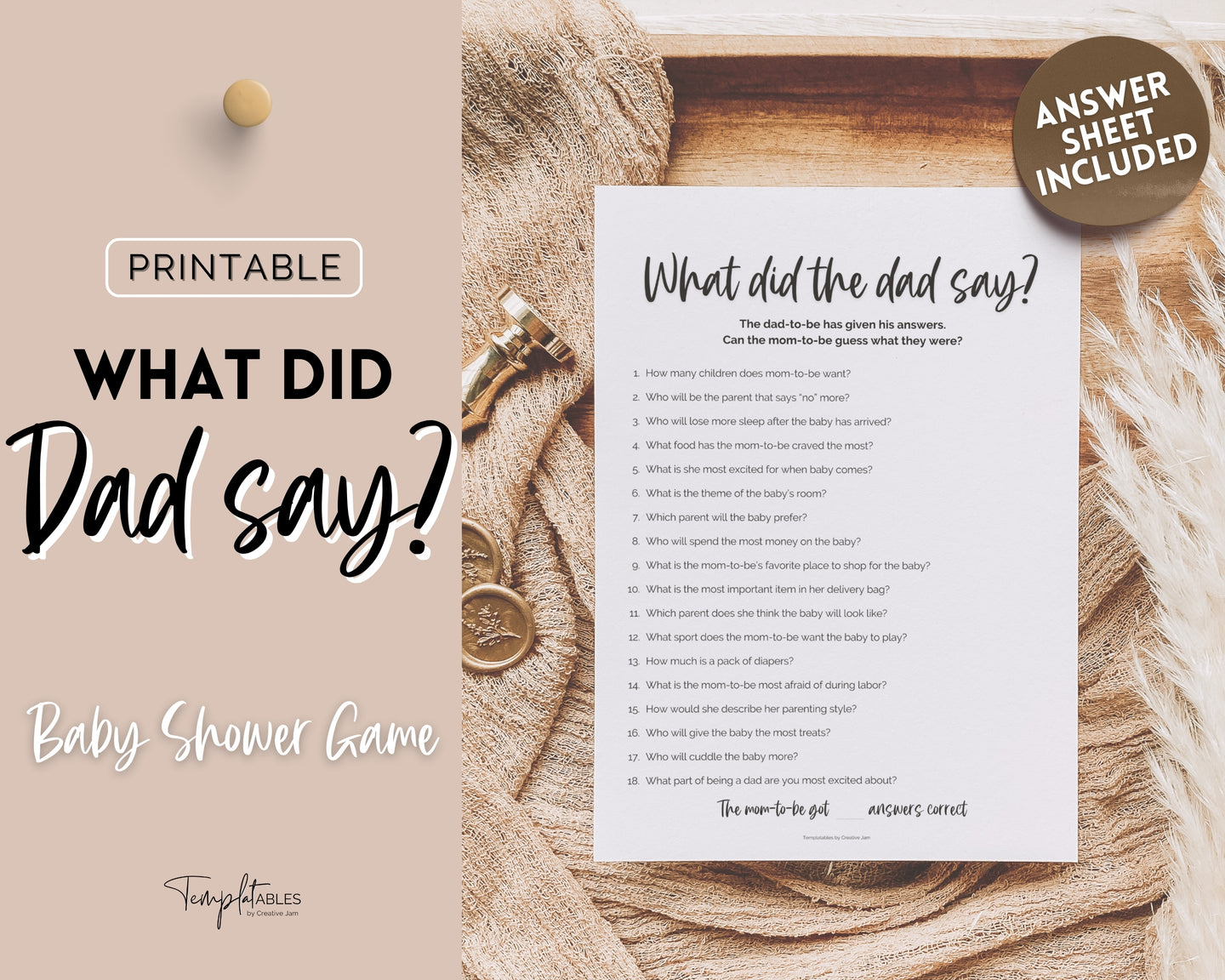 What did the Dad Say | Baby Shower Games & Printable Baby Shower Template | Gender Neutral, Minimalist | Woodland Theme for Mommy or Daddy | Boho