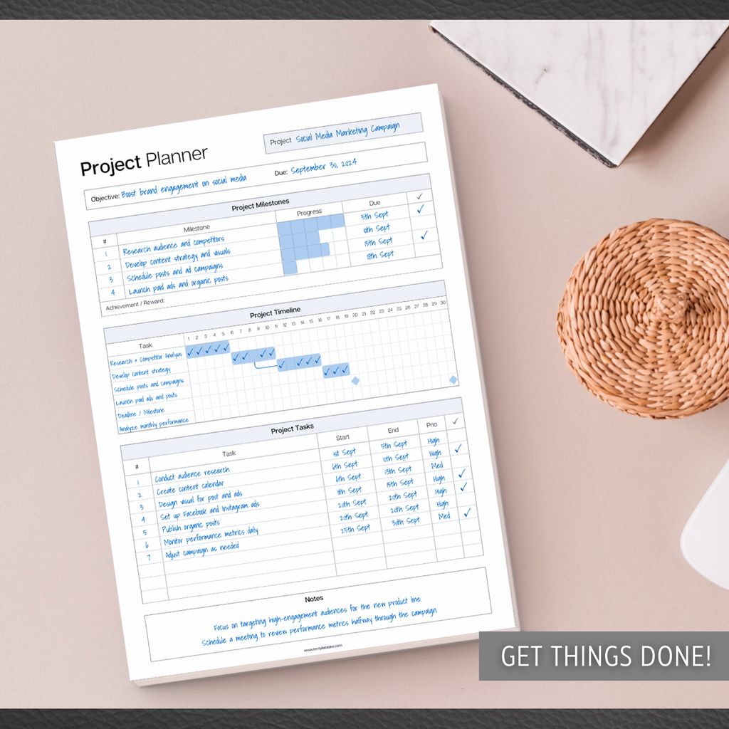 Project Planner Notepad - Project Management Organizer Desk Pad A4