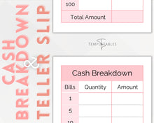 Load image into Gallery viewer, Printable Cash Breakdown Teller Slips for Withdrawals, Sinking Funds &amp; Cash Envelopes
