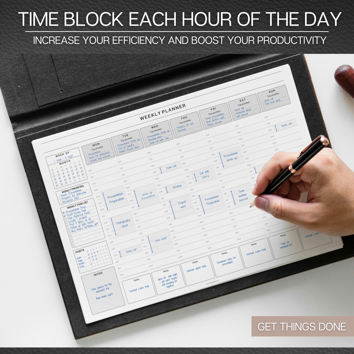 Weekly Hourly Planner Notepad, Daily Planner Desk Pad, Weekly Schedule, To Do List Note Pad, ADHD Planner | 50 Undated Tear Away Sheets A4 | Mono