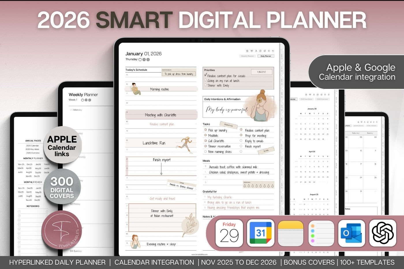 2026 Digital Planner | GoodNotes Planner With Daily, Weekly & Monthly Planner | SMART Apple, ChatGPT, Google Integration links (Mono)