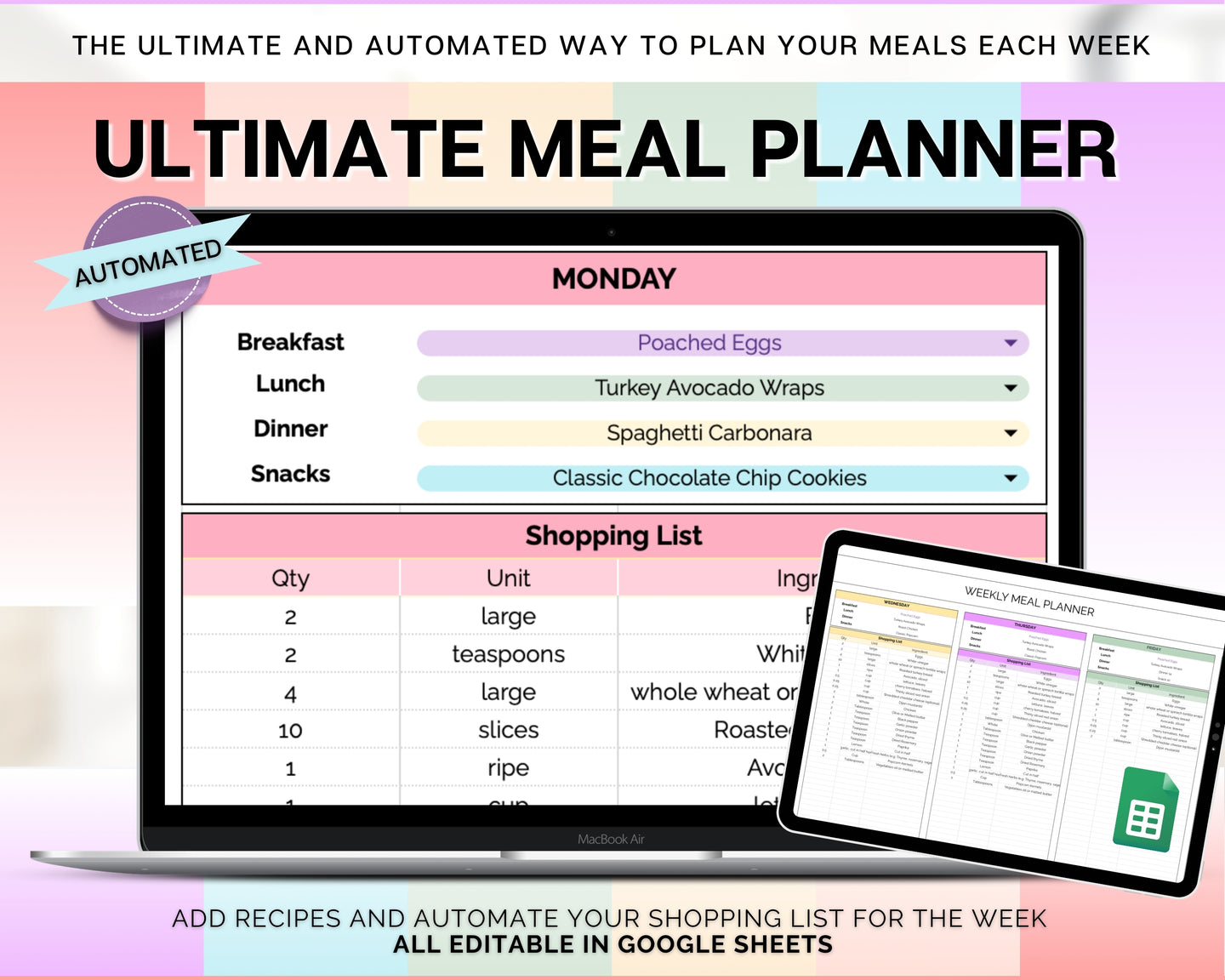 Ultimate Meal Planner Spreadsheet | Perfect Recipe Template with AUTOMATED Grocery List, Family Meal Prep, Weekly Meal Plan & Shopping List | Google Sheets | Colorful