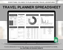Load image into Gallery viewer, Digital Ultimate Travel Planner | Google Sheets Editable Travel Spreadsheet, Trip Expense Tracker, Packing List, Vacation Schedule | Mono
