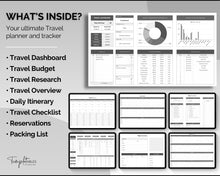 Load image into Gallery viewer, Digital Ultimate Travel Planner | Google Sheets Editable Travel Spreadsheet, Trip Expense Tracker, Packing List, Vacation Schedule | Mono
