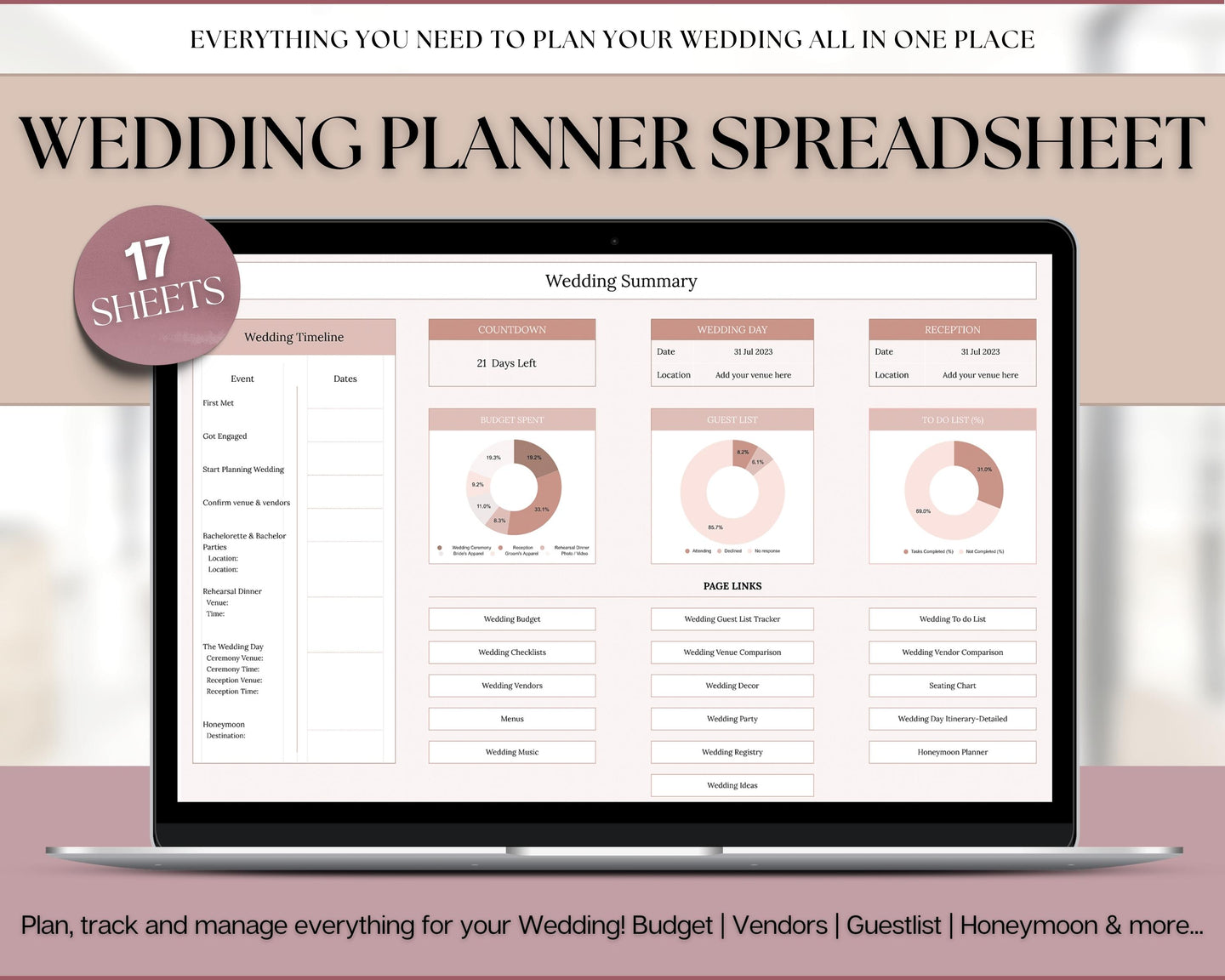 Wedding Planner Spreadsheet | Google Sheets Wedding Budget, Checklist and Schedule for Brides and Grooms | Nude