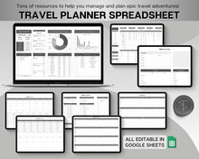 Load image into Gallery viewer, Digital Ultimate Travel Planner | Google Sheets Editable Travel Spreadsheet, Trip Expense Tracker, Packing List, Vacation Schedule | Mono
