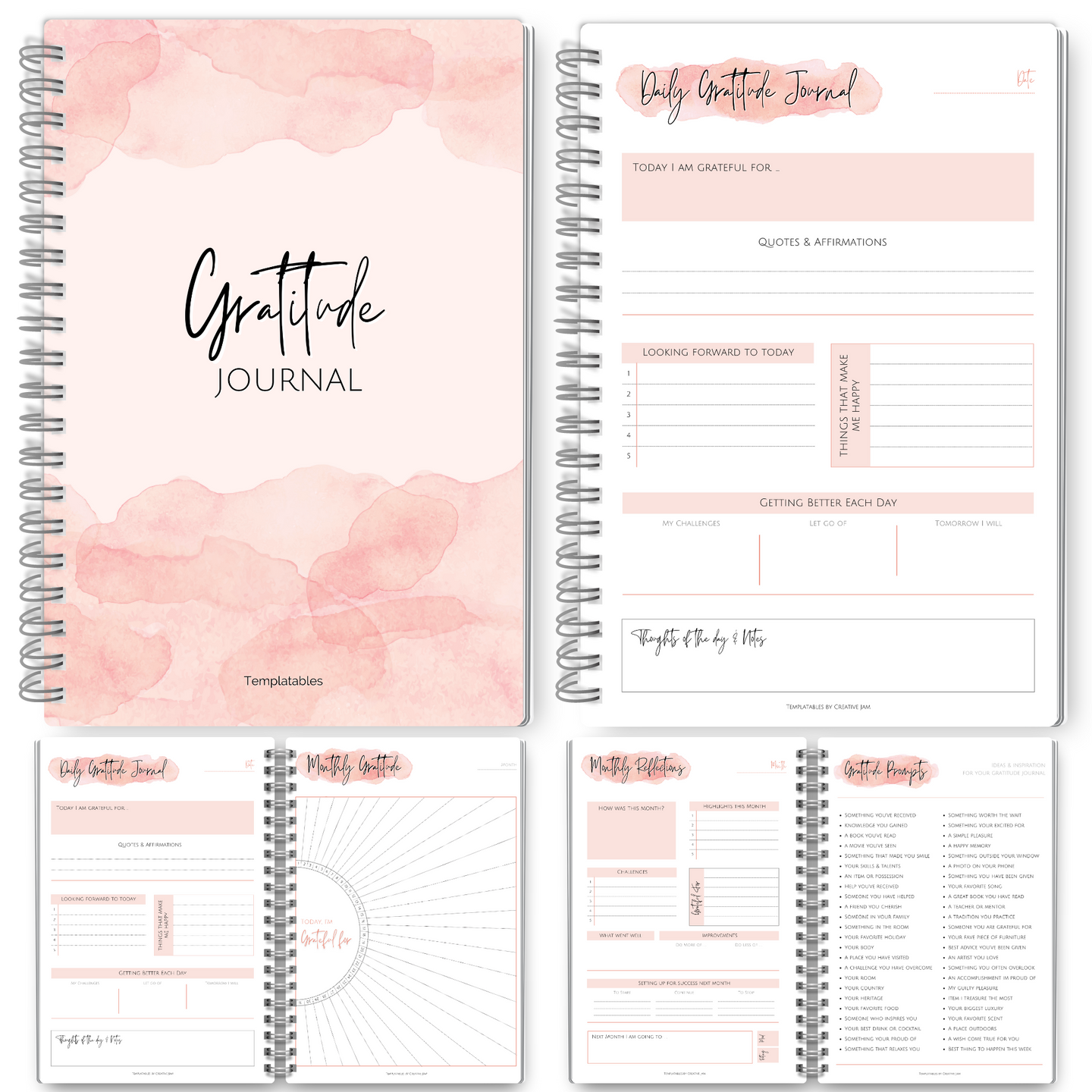Gratitude & Mindfulness Journal | Gratitude Template, Self Care Planner, Positivity Diary, Daily Journal, Gratitude Jar, Wellness, Manifestation Journal | A5 Pink Watercolor
