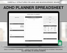 Load image into Gallery viewer, ADHD Planner Spreadsheet for Neurodivergent Adults | Google Sheets Daily &amp; Weekly Planner, Symptom Tracker, Brain Dump &amp; To Do Lists | Mono
