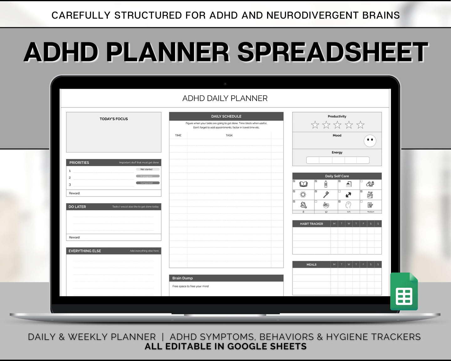 ADHD Planner Spreadsheet for Neurodivergent Adults | Google Sheets Daily & Weekly Planner, Symptom Tracker, Brain Dump & To Do Lists | Mono