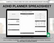 ADHD Planner Spreadsheet for Neurodivergent Adults | Google Sheets Daily & Weekly Planner, Symptom Tracker, Brain Dump & To Do Lists | Mono