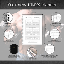 Load image into Gallery viewer, 90 Day Fitness &amp; Workout Planner for Men | Gym Journal, Weight Loss Tracker, Meal Planner, Self Care Habit Tracker | A5 Mono
