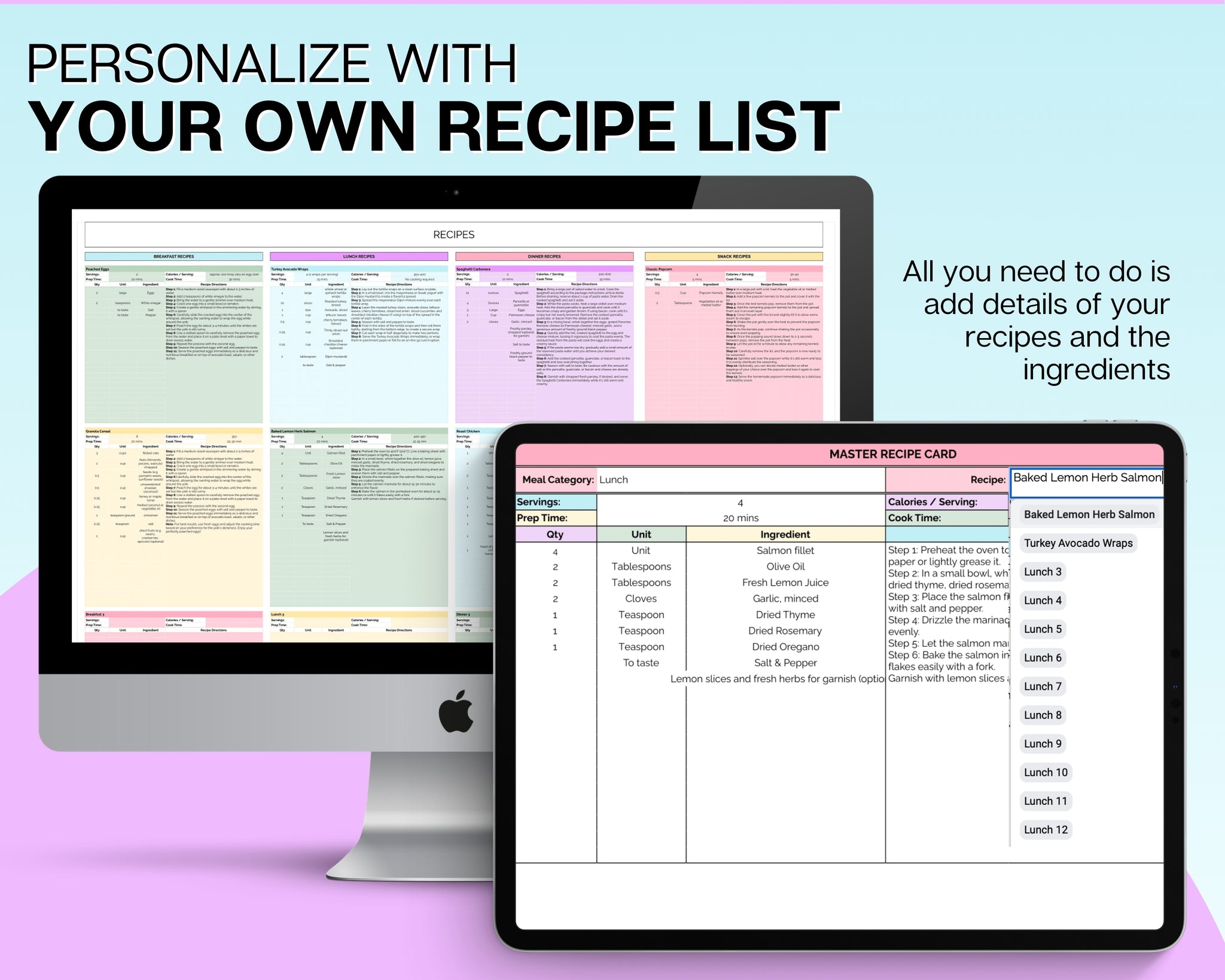 Food Spreadsheet Ultimate Meal Planner Spreadsheet - with Recipe Templates & Automated ...