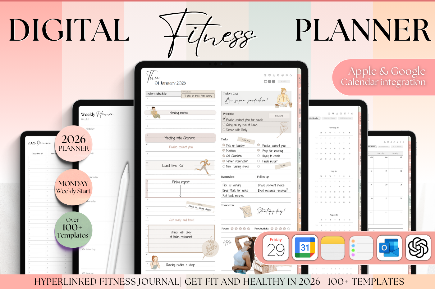 2026 Digital FITNESS planner, GoodNotes Fitness Planner, Fitness Journal, Weight Loss Tracker, iPad Workout Planner, Wellness Template (Peach)