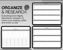 Load image into Gallery viewer, Digital Ultimate Travel Planner | Google Sheets Editable Travel Spreadsheet, Trip Expense Tracker, Packing List, Vacation Schedule | Mono
