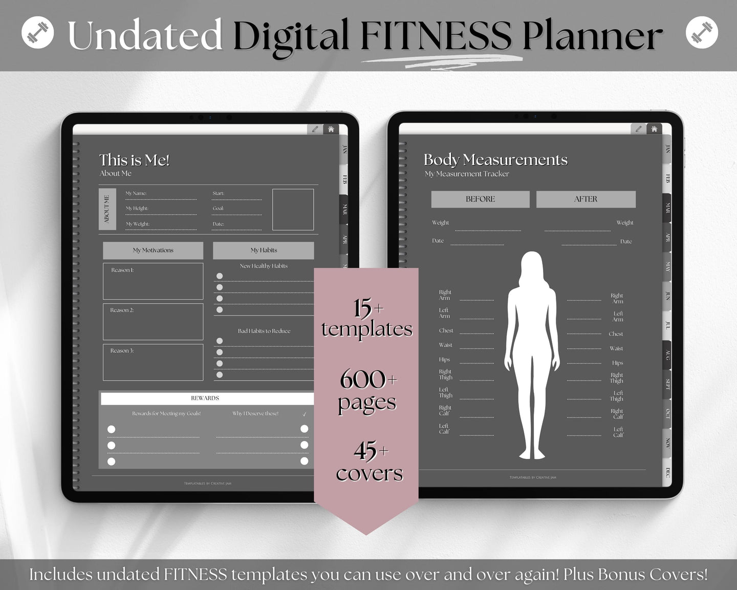 UNDATED Digital Fitness Planner | iPad GoodNotes Fitness Journal, Weight Loss Tracker & Workout Planner | Dark