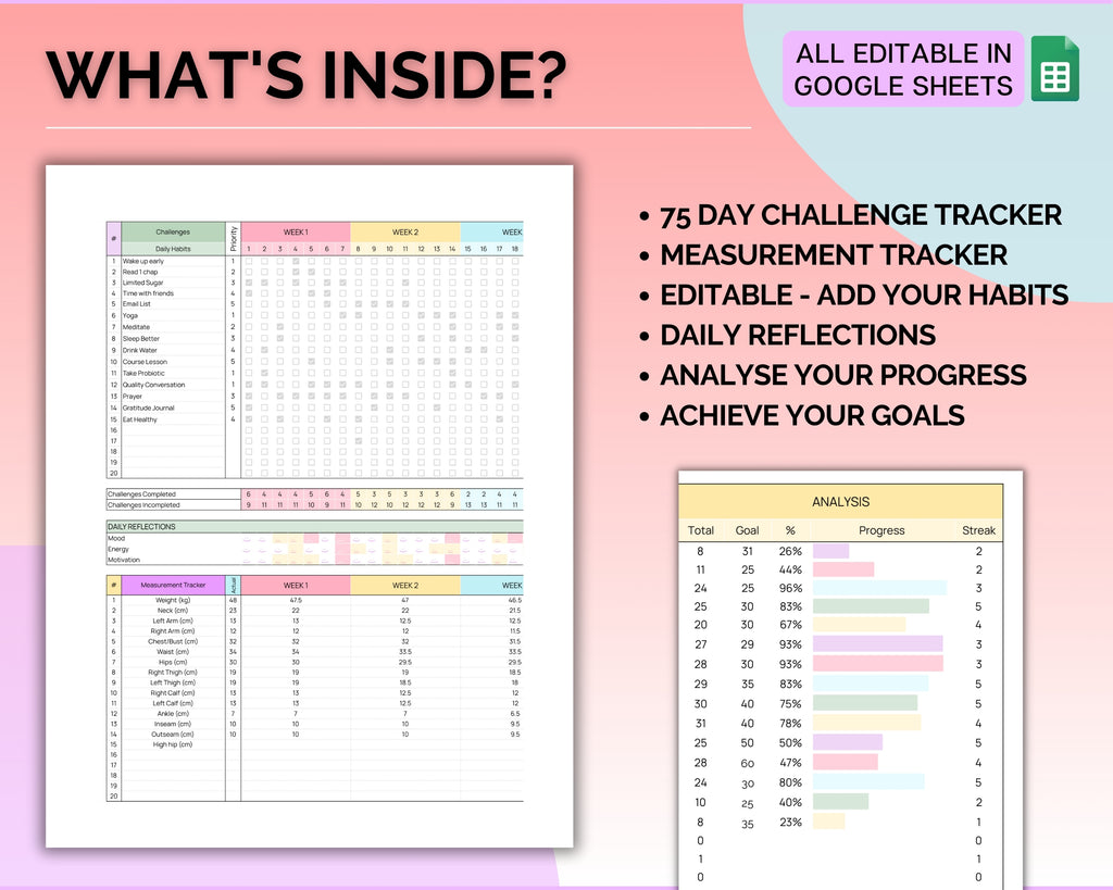Editable 75 Day Challenge Tracker | Start Tracking Your Progress Now