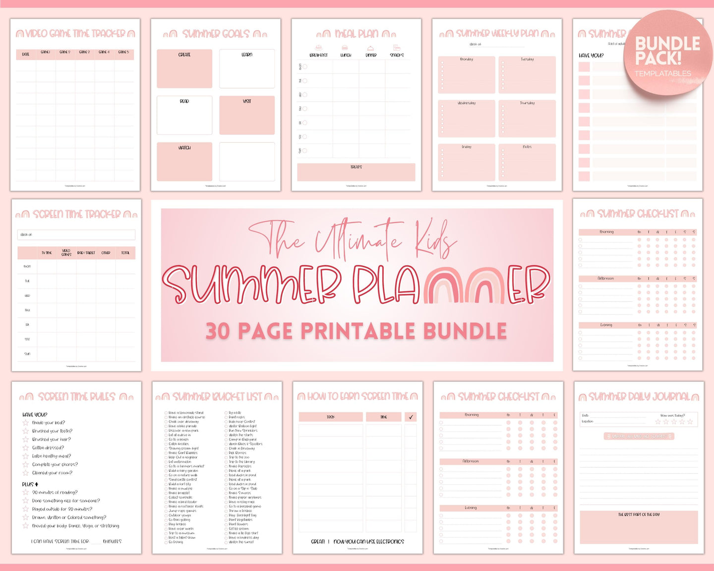 2023 Summer Planner for Kids | Kids Summer Schedule, Activities, Printable Calendar & Checklist Template | Pink