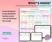 Load image into Gallery viewer, Invoice Tracker Spreadsheet | Small Business Invoice Tracking With Invoice Template, Task Tracker, Order Profit Loss &amp; Google Sheets Sales Tracker
