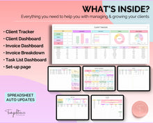Load image into Gallery viewer, Client Tracker Spreadsheet | Includes CRM Tracker, Lead &amp; Task Tracker, Client Record book, Business Planner &amp; Communication Log | For Small Business Owners | Colorful
