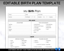 Load image into Gallery viewer, EDITABLE Birth Plan Template | Includes Birth Preferences, Birthing Plan Checklist, Pregnancy Planner, Natural Birth &amp; Hypnobirthing | Mono
