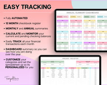 Load image into Gallery viewer, Editable Checkbook Register Spreadsheet | Google Sheets Check Register for Bill, Expenses, Credit Card, Income, Spending Tracker &amp; Finance Template | Colorful
