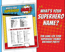 Load image into Gallery viewer, Superhero Party Game | What’s your Superhero Name? Includes Super Hero Party Decoration, Name Sign, Kids &amp; Birthday Party Decor | Printable Games | Boy
