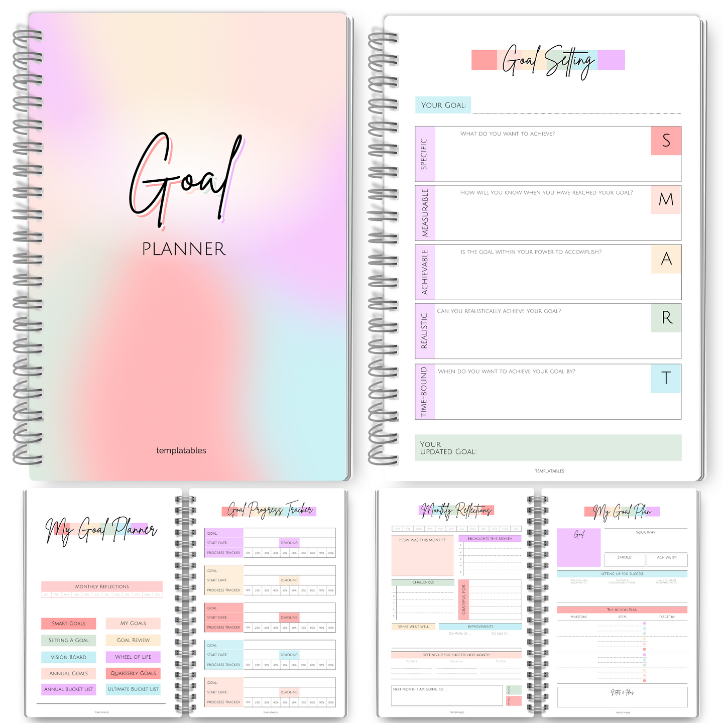 Goal Planner | SMART Goal Setting Kit for the New You, Monthly Habits, Reflections & Vision Boards | Pastel Rainbow A5
