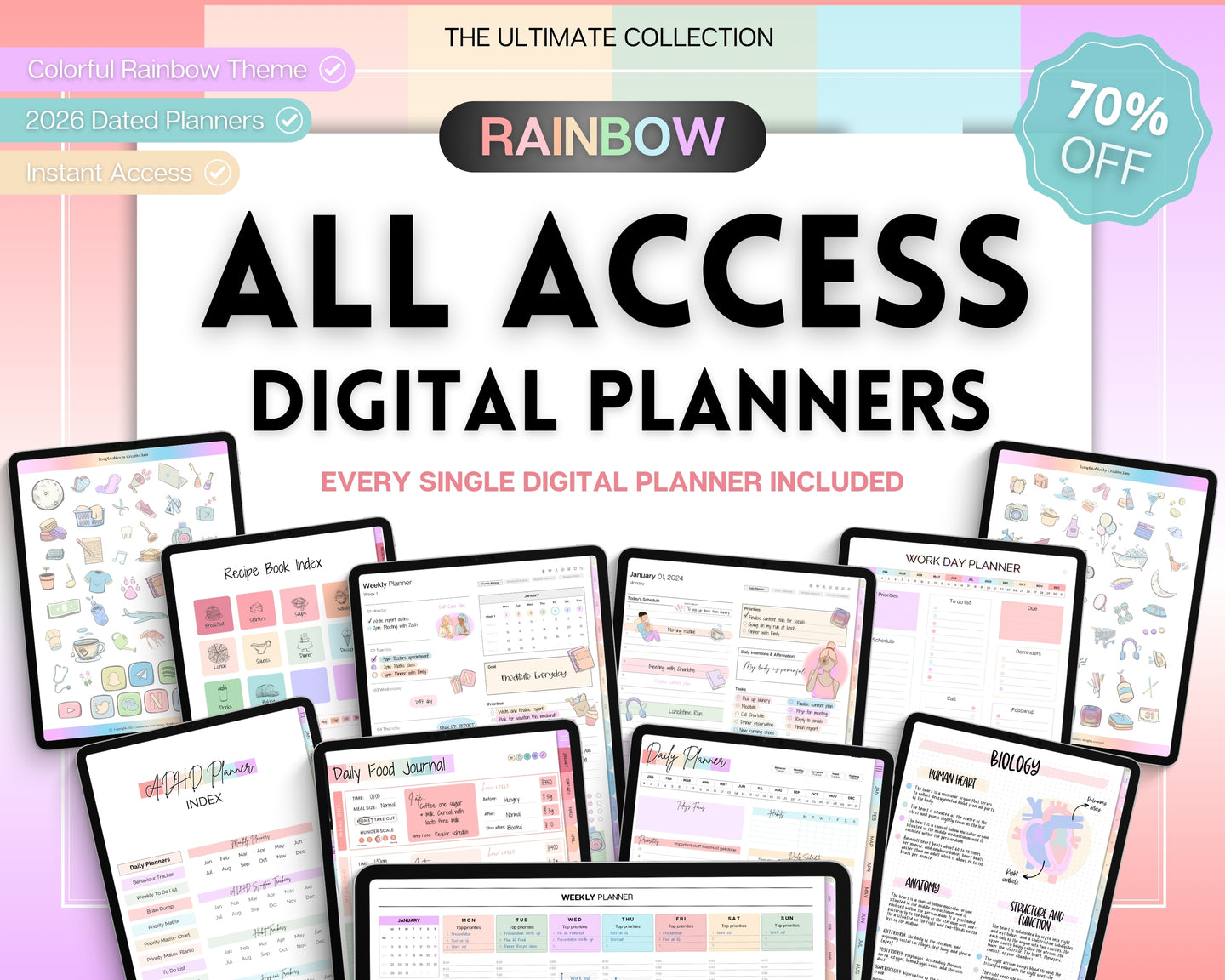 ALL ACCESS Digital Planners | 2026 Colorful Planner Bundle with Daily Weekly Planners | Includes Recipe, Notebook, Fitness, Goal, Budget & Meal & ADHD