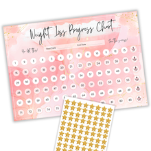 Load image into Gallery viewer, Weight Loss Progress Chart Poster with 88 Gold Star Stickers – A4 Size | Pastel Pink Watercolour Design | Thick 450gsm Card | Track Every Pound Lost | Wall Chart for Slimming Motivation (Pink)
