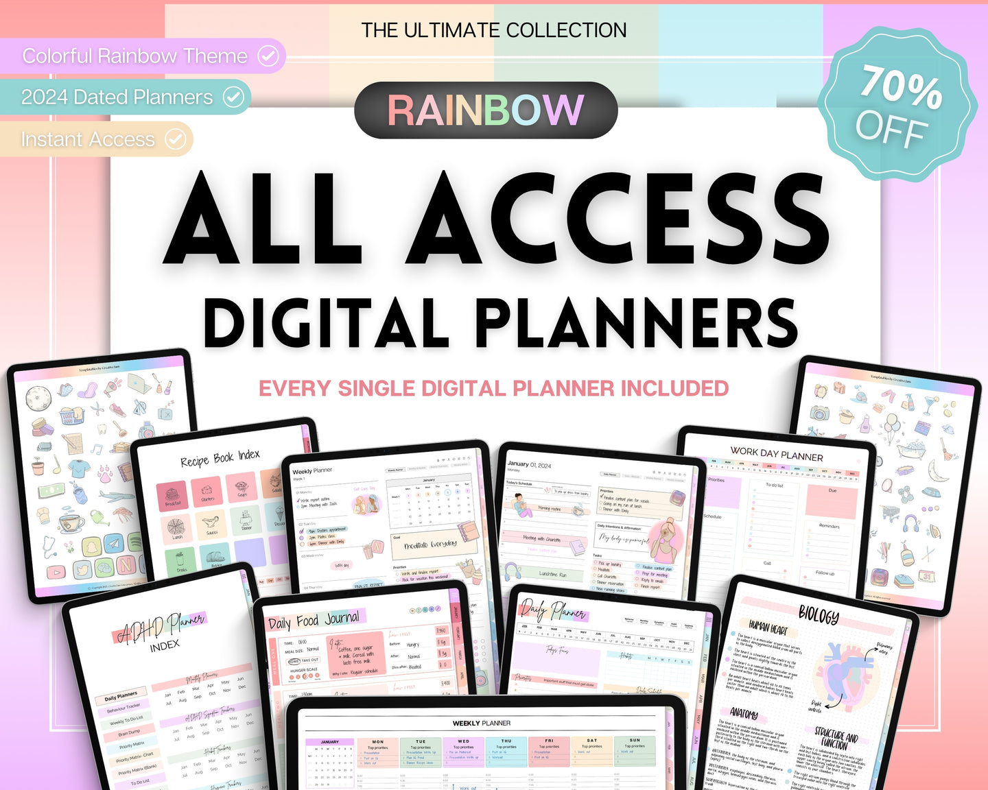 ALL ACCESS Digital Planners | 2024 Colorful Planner Bundle with Daily Weekly Planners | For  Recipe, Notebook, Fitness, Goal, Budget & Meal & ADHD | Undated