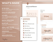 Load image into Gallery viewer, Notion Goal Planner for 2024 | Goals Tracker with SMART Goal Setting Template, Habits, Reflections, Vision Board, Aesthetic Dashboard &amp; Goal Journal

