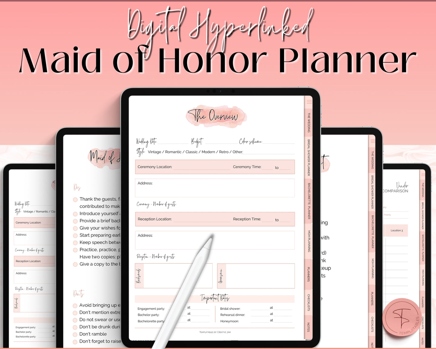 Digital Maid of Honor Planner | Matron of Honor Digital Planner, MOH Binder Book, Wedding Checklist, Bridal Shower, Bachelorette & GoodNotes