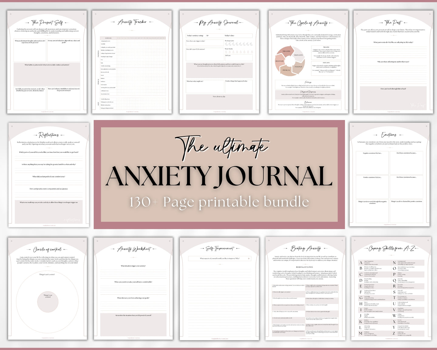 Anxiety Journal | 130pg Workbook includes Anxiety Worksheets, Anxiety Relief techniques and 70+ Prompts! CBT Therapy Notebook | Mental Health Wellness Printable