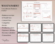 Load image into Gallery viewer, Small Business Bookkeeping Spreadsheet | Google Sheets Automated Business Expense Tracker &amp; Product Invetory Tracker | Lux
