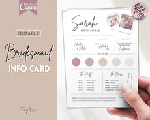 Load image into Gallery viewer, EDITABLE Bridesmaid Info Card | PHOTO Wedding Information &amp; Iteniary Card Canva Template | Style 2
