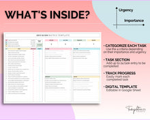 Load image into Gallery viewer, Decision Matrix Spreadsheet | Task Priority Tracker Template with Google Sheets Spreadsheet, Eisenhower Matrix, To Do List, Decision Maker &amp; Brain Dump | Colorful
