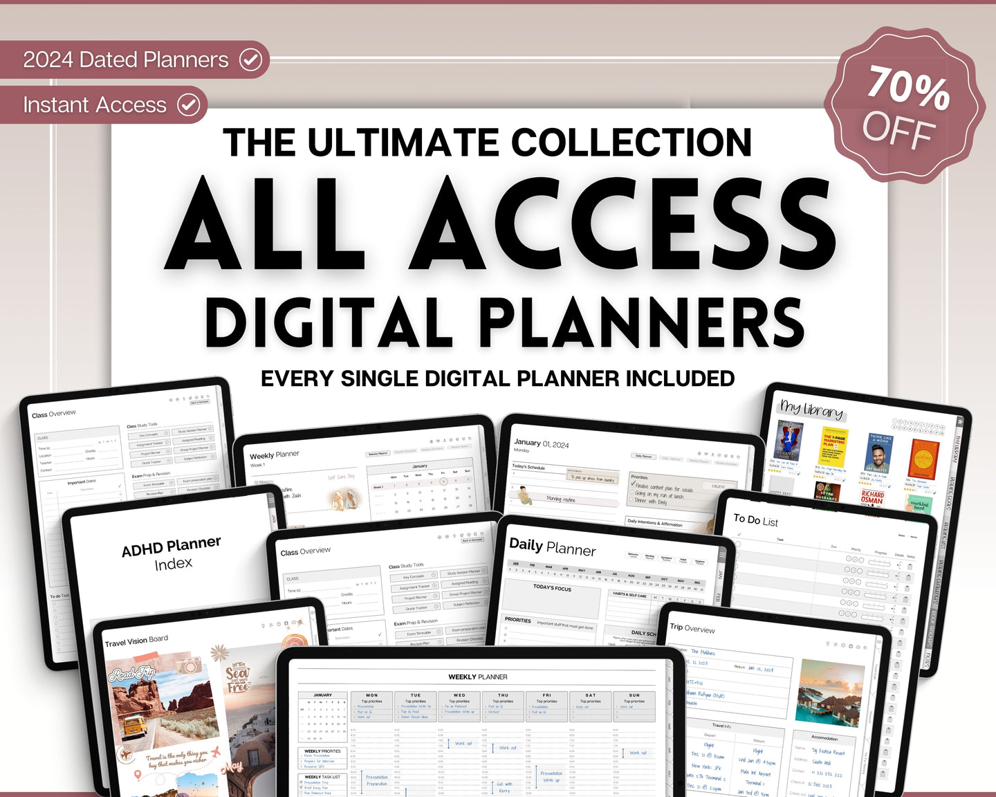 All Access Digital Planner BUNDLE! 15+ GoodNotes Planners | 2024 Daily Weekly Planner | Undated | Perfect for Student, Notebook, Fitness, Travel, Budget, iPad & ADHD | Mono