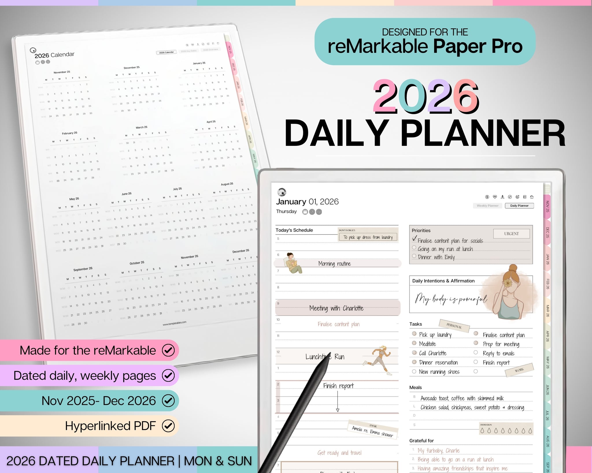 2026 Daily Planner for reMarkable Paper Pro (Colorful)