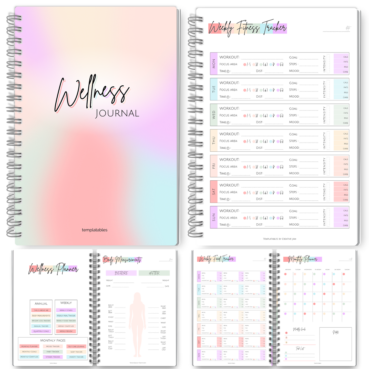 Wellness Journal | 90 Day Health, Fitness, Gratitude, Mindfullness, Wellbeing, Habit, Goals, Diet & Food Tracker | A5 Pastel Rainbow