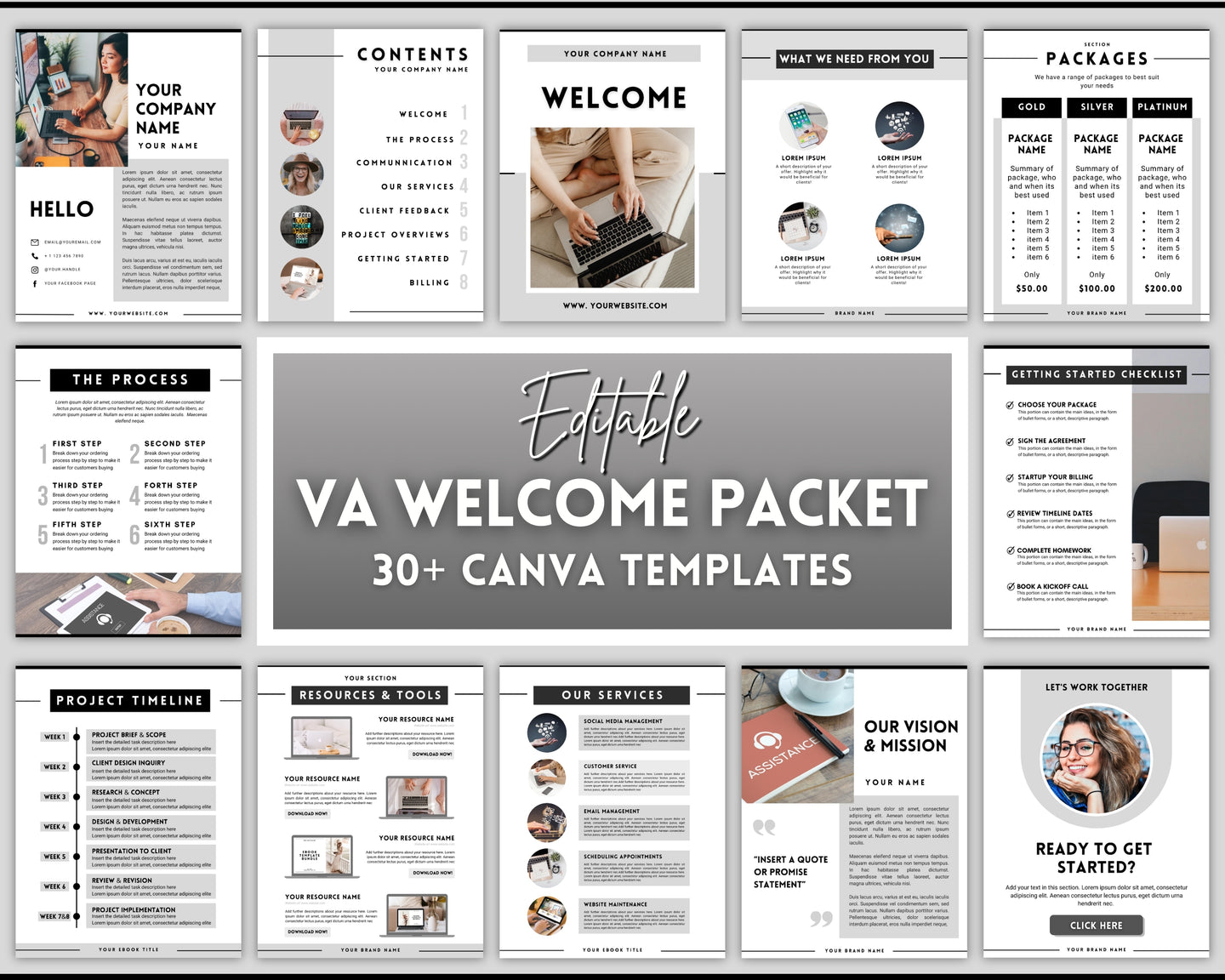 Editable Virtual Assistant Welcome Packet for VAs | Includes VA Client Onboarding, Business Plan, Invoice Price List, Social Media Manager, contract & eBook Portfolio