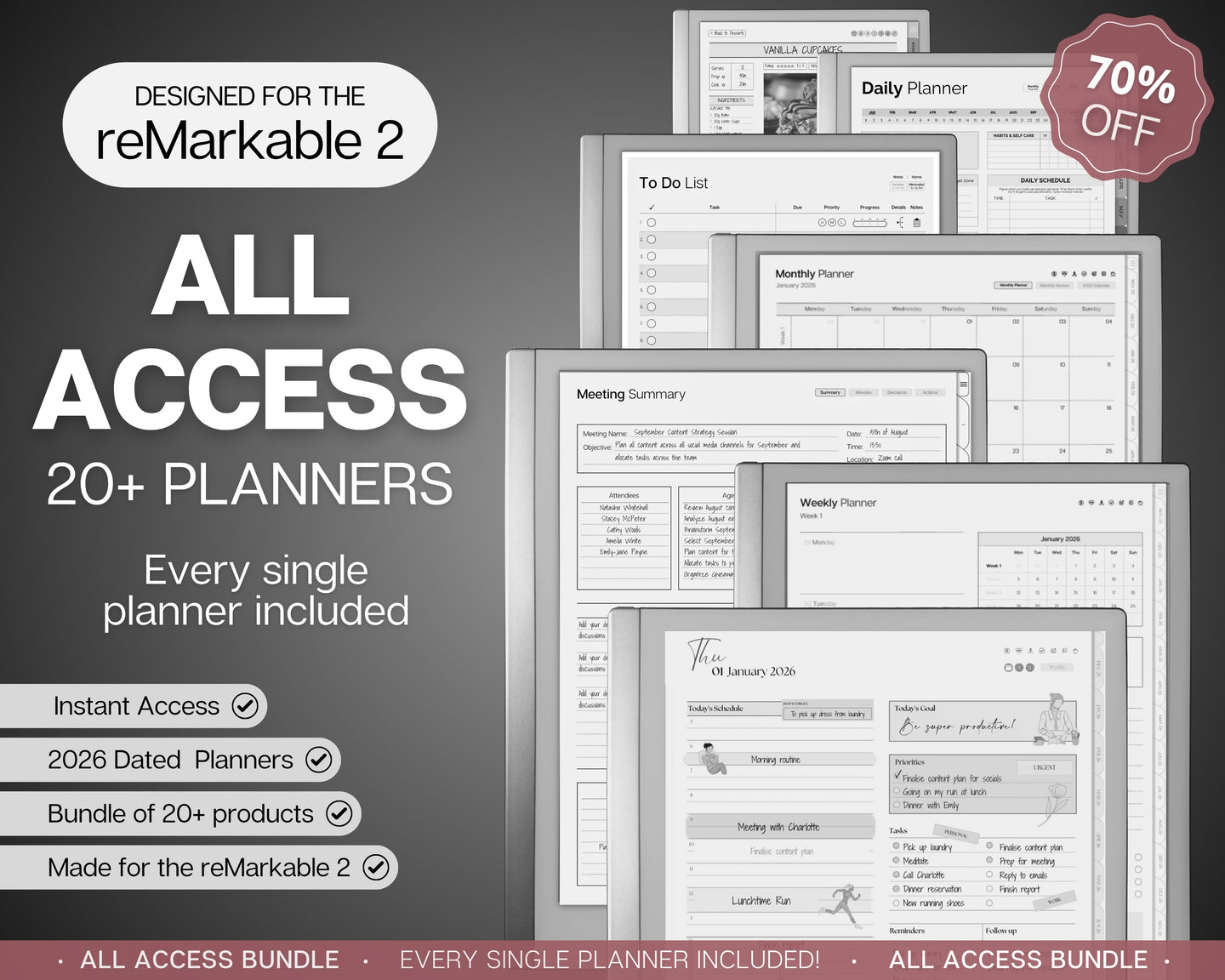 ALL ACCESS template pack for the reMarkable 2 | 2026 Daily Planner, Digital To Do List, Meeting Minutes, Journal & Notebook, Calendar, Tasks