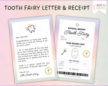 Load image into Gallery viewer, EDITABLE Tooth Fairy Letter | Tooth Fairy Receipt Template with Note, Toothfairy Certificate, Canva Template, Lost or First Tooth Gift
