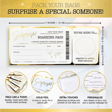 Load image into Gallery viewer, GOLD Scratch &amp; Reveal Travel Ticket - Personalized Surprise Boarding Pass Gift with ENVELOPE | Golden Ticket, Unique Flight Travel Gift for Anniversary, Birthday, Valentines &amp; Christmas Holidays

