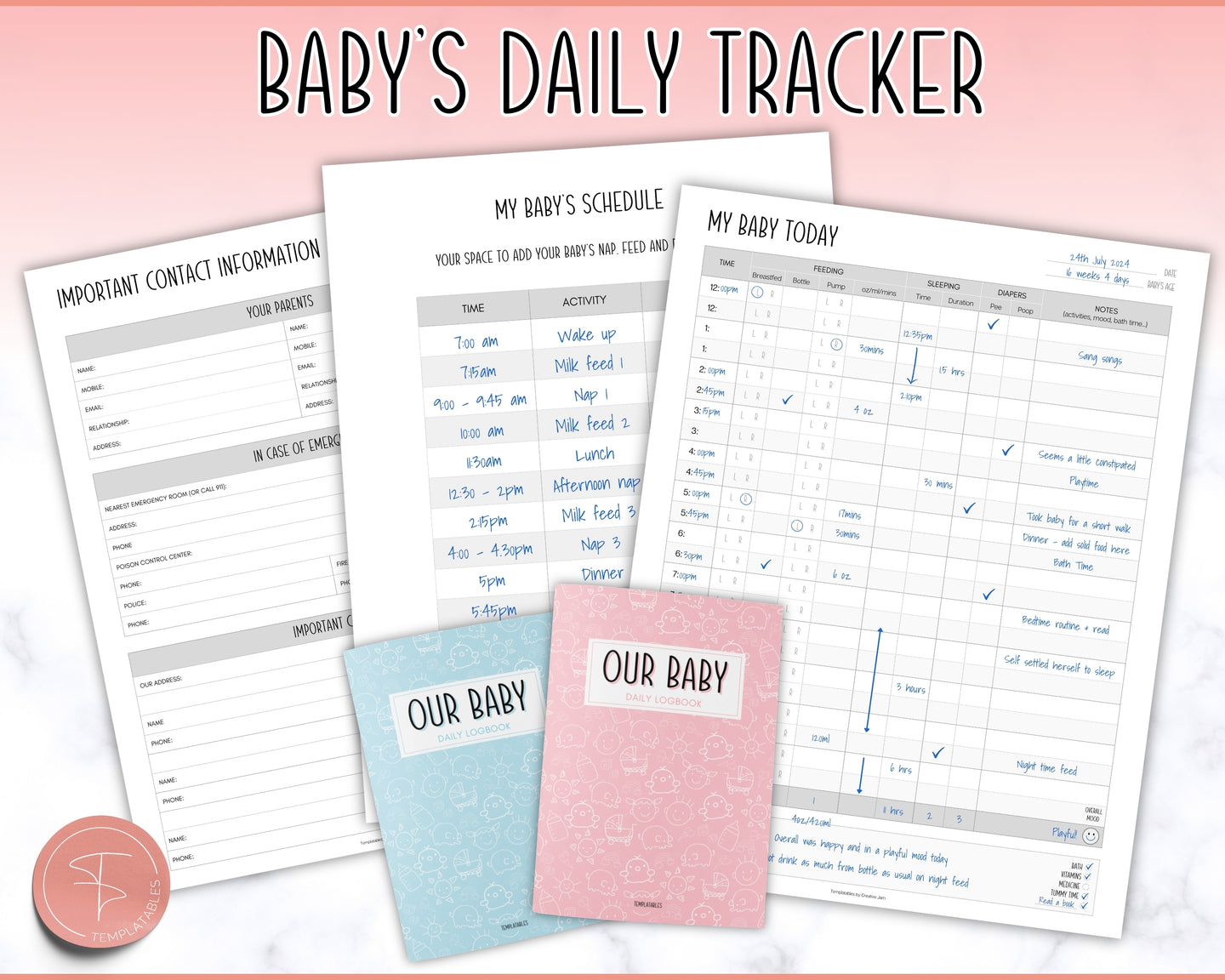 Printable Baby Daily Log | Includes Baby Care Log, Baby Tracker, Baby Journal, Bonus Baby Schedule, Printable Infant Daily Log for Newborn |Pumping, Nanny & Feeding